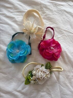 Floral Elastic Headband Set for Kids in Cream, Blue, Pink, and White